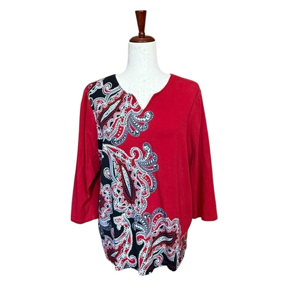 Alfred Dunner Red and Black Paisley 3/4 Sleeve Split Neck Blouse Size L #1476